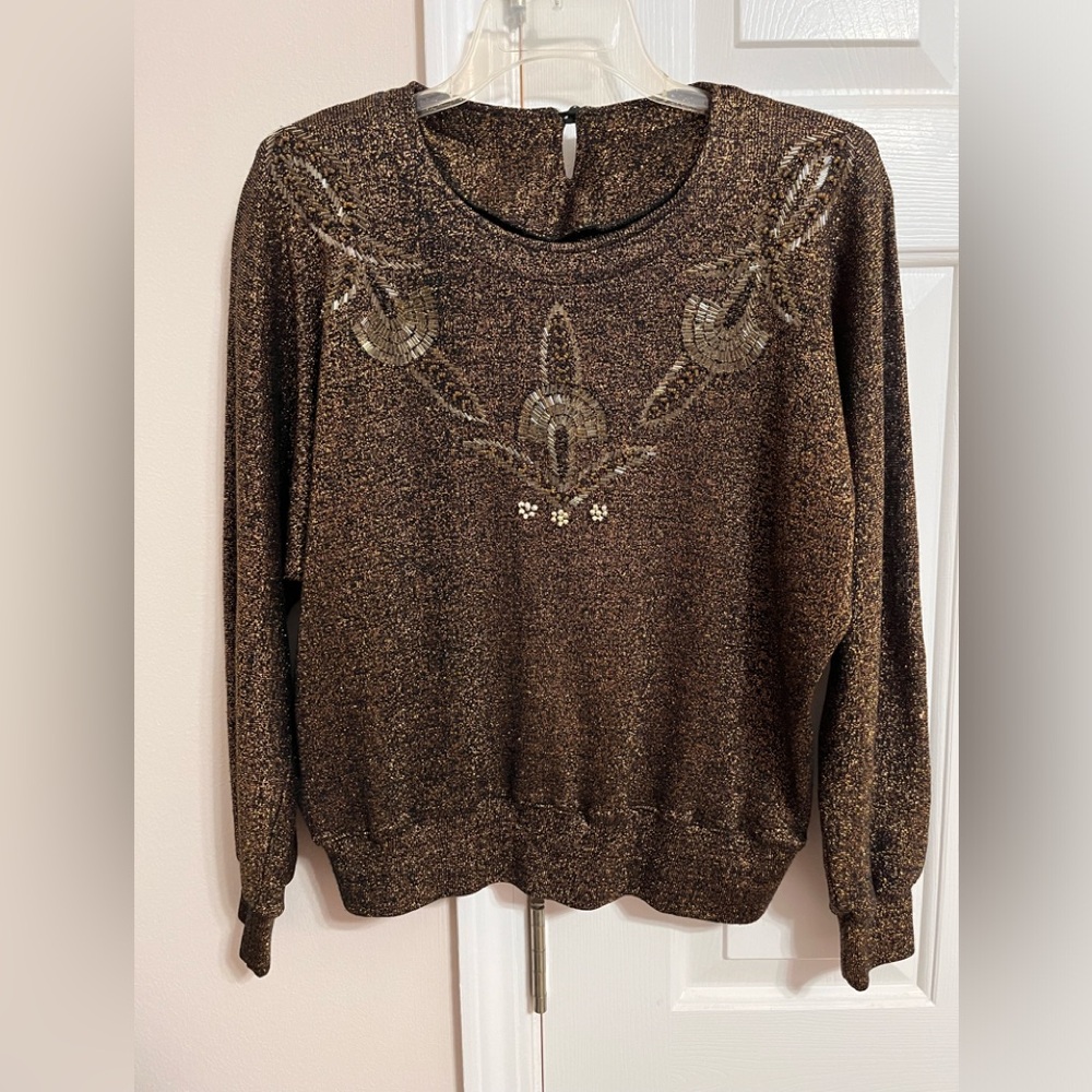 Vintage Golden Glitter Sweater with beaded ornaments